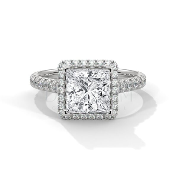 2 Carat Princess Cut Moissanite Halo and Pave Ring