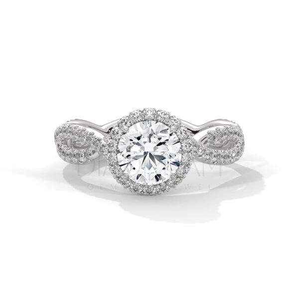 1 Carat Round Cut Moissanite Halo and Twisted Shank Ring